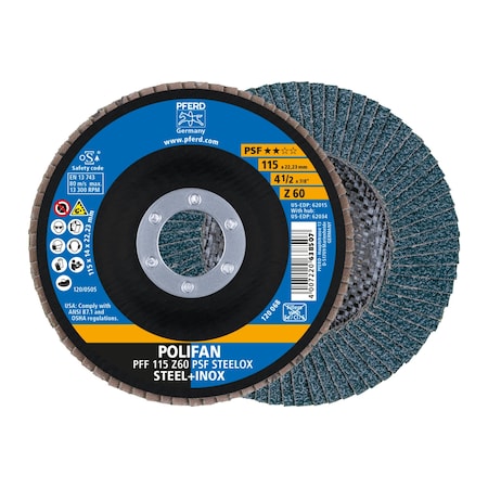 4-1/2 X 7/8 A.H. POLIFAN® Flap Disc - Z PSF STEELOX, Zirconia, 60 Grit, Flat